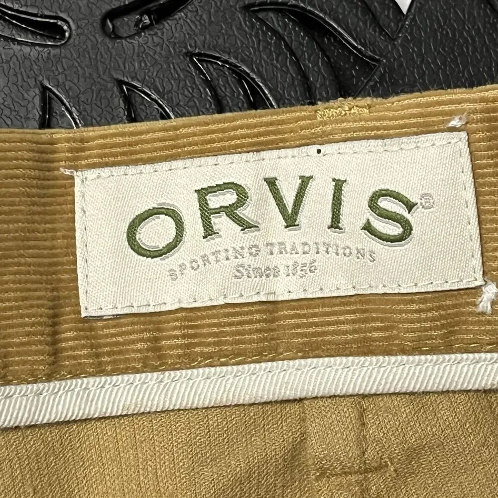 Orvis Corduroy Pants Men's 32 Flat Front Tan Khaki Leather Trim Pockets flap